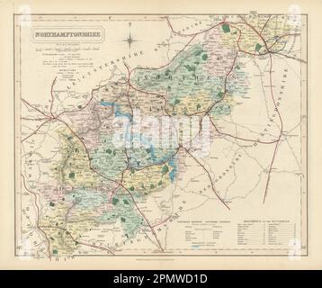 Carte du comté antique de Northamptonshire par J&C Walker. Chemins de fer et quartiers 1870 Banque D'Images