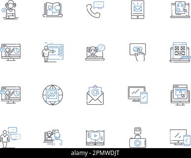 Collection d'icônes de contour des médias de masse. Médias, masse, journalisme, diffusion, communication, Jeu de concepts public, vecteur de télévision et illustration. Radio Illustration de Vecteur