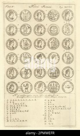 Pièces de monnaie britanniques romaines. 'NUMMI ROMANI' (II) du Britannia de Camden. Alphabet 1695 Banque D'Images