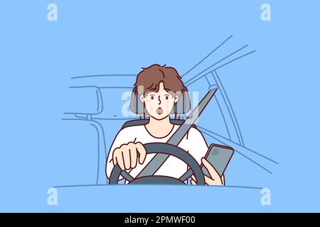 Le conducteur distrait avec son téléphone est assis derrière le volant de la voiture et a peur de voir un obstacle sur la route ou un virage serré. Conducteur choqué ne respectant pas les règles de circulation en utilisant un téléphone intelligent pendant la conduite Illustration de Vecteur