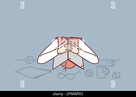 Employée de bureau fatiguée se cachant la tête sous un ordinateur portable souffrant de stress, d'épuisement ou de surmenage. Femme d'affaires avec des problèmes dus à l'épuisement et la perte de revenu a besoin de l'aide de gestionnaire de crise Illustration de Vecteur