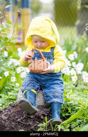 enfant en costume aux jardiniers et bottes en caoutchouc s'assoit sur une souche avec un panier. Concept d'usine de plantation Banque D'Images