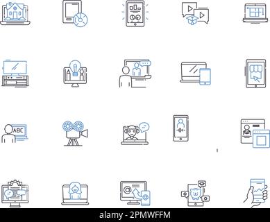 Collection d'icônes de contour multimédia. Audio, vidéo, graphiques, animation, image, Ensemble de concepts texte, vecteur d'interaction et illustration. Communication Illustration de Vecteur