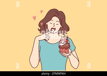 La femme mange un délicieux cupcake, une crème douce au doigt et un dessert appétissant acheté dans une boulangerie artisanale. Belle fille déjeuner avec cupcake avec baies fraîches de la boutique de gâteaux Illustration de Vecteur