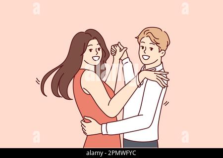 L'homme et les femmes dansant bachata ou salsa souhaitent devenir des danseurs latins professionnels et s'embrasser partenaire regardant la caméra. Couple heureux de garçons et de filles dansant à la musique en club ou sur la piste de danse Illustration de Vecteur