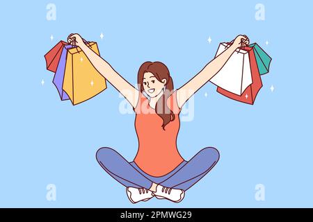 Femme avec des paquets multicolores de magasins de vêtements assis avec ses bras à part après le succès des achats. Une fille qui a gagné des spectacles de loterie de shopping hors des choses achetées à grand rabais ou de cashback Illustration de Vecteur
