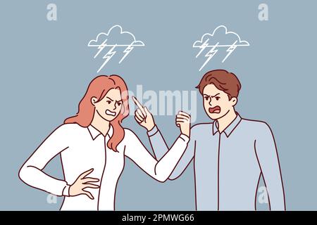 Querelle entre l'homme et la femme hurlant et pointant les doigts vers l'interlocuteur. Deux collègues au cours de la querelle ont trait à des problèmes au travail ou à des conflits dans leur vie personnelle Illustration de Vecteur