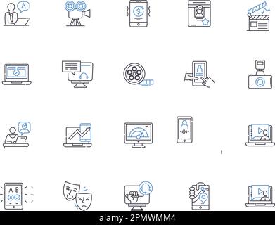 Collection d'icônes de contour de film. Film, Cinéma, spectacle, Flick, bobine, Ensemble de concepts projet, vecteur de visualisation et illustration. Projection, spectacle, drama Illustration de Vecteur