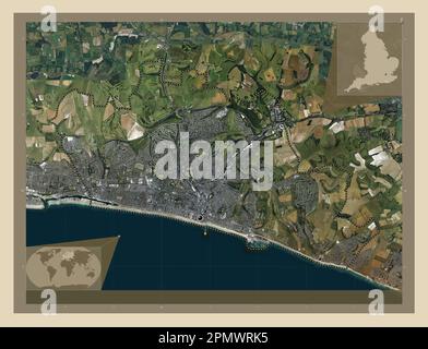 Brighton et Hove, autorité unitaire de l'Angleterre - Grande-Bretagne. Carte satellite haute résolution. Lieux des principales villes de la région. Coin auxili Banque D'Images