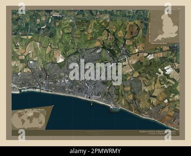 Brighton et Hove, autorité unitaire de l'Angleterre - Grande-Bretagne. Carte satellite haute résolution. Lieux et noms des principales villes de la région. COR Banque D'Images