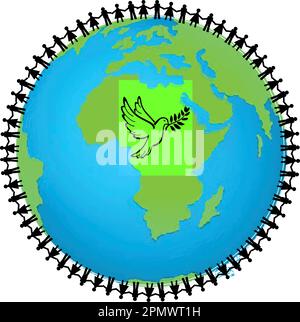 Hommes et femmes tenant les mains autour de la Terre avec le logo colombe de la paix Illustration de Vecteur