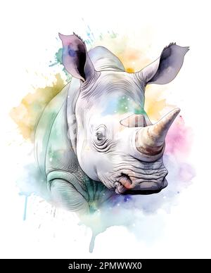 Portrait aquarelle d'un rhinocéros blanc. Affiche pour les enfants avec des animaux amusants et heureux. Banque D'Images