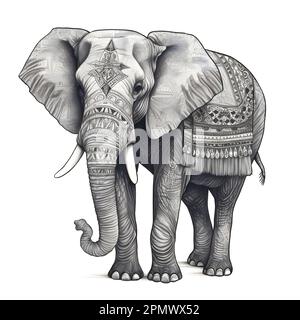 Illustration de l'éléphant d'Afrique noir blanc. Éléphant de taureau avec gros tusks dessinant. Banque D'Images