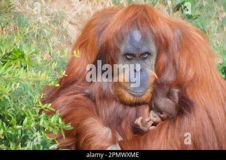 Peinture numérique d'une mère Orangutan tenant son bébé dans ses bras. Banque D'Images