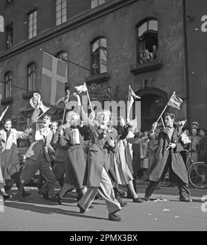 Célébration de la paix 1945. Le peuple de Stockholm célèbre la fin de la Seconde Guerre mondiale Les hommes et les femmes sont photographiés marchant sur Kungsgatan le jour où la paix a été proclamée en Europe Suède 7 mai 1945. Photo Kristoffersson N125-2 Banque D'Images