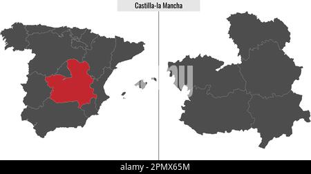 Carte de la communauté autonome d'Espagne Castilla-la Mancha et emplacement sur la carte espagnole Illustration de Vecteur