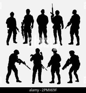 Soldat militaire avec arme pose silhouette Illustration de Vecteur