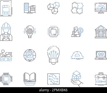 Collection d'icônes de contour Engineering Essentials. Ingénierie, principes de base, conception, fabrication, Sciences de l'ingénierie, Structure, vecteur d'automatisation Illustration de Vecteur