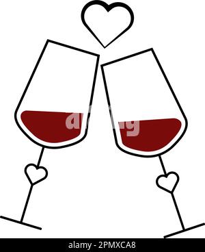 Saint-Valentin, deux verres à vin avec coeurs, motif plat Illustration de Vecteur