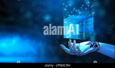 Robot main tenant la puce de processeur ai de Cube Technology. Stockage Big Data, Cloud Computing, apprentissage machine, technologie ai blockchain. Banque D'Images