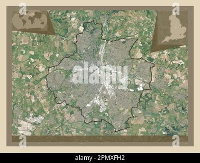 Derby, autorité unitaire de l'Angleterre - Grande-Bretagne. Carte satellite haute résolution. Cartes d'emplacement auxiliaire d'angle Banque D'Images