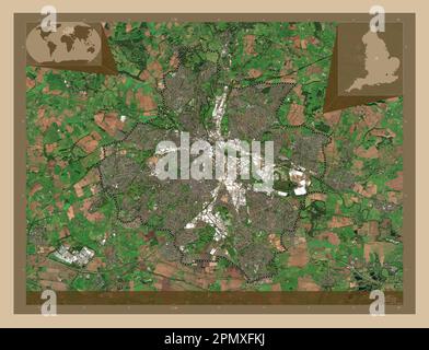 Derby, autorité unitaire de l'Angleterre - Grande-Bretagne. Carte satellite basse résolution. Cartes d'emplacement auxiliaire d'angle Banque D'Images