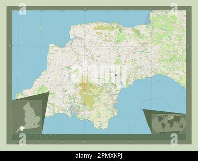 Devon, comté administratif d'Angleterre - Grande-Bretagne. Ouvrez la carte des rues. Cartes d'emplacement auxiliaire d'angle Banque D'Images