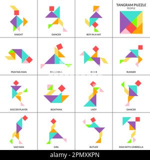 Puzzle Tangram. Ensemble vectoriel avec différentes personnes Illustration de Vecteur