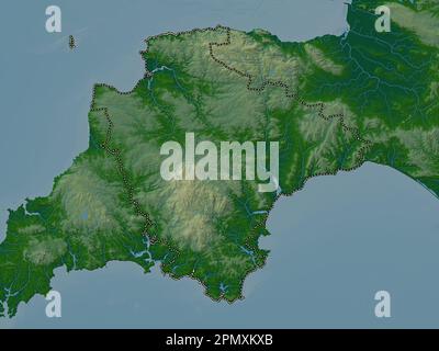 Devon, comté administratif d'Angleterre - Grande-Bretagne. Carte d'altitude en couleur avec lacs et rivières Banque D'Images