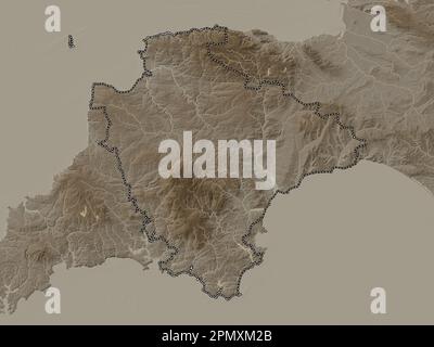 Devon, comté administratif d'Angleterre - Grande-Bretagne. Carte d'altitude colorée en tons sépia avec lacs et rivières Banque D'Images
