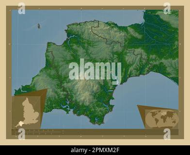 Devon, comté administratif d'Angleterre - Grande-Bretagne. Carte d'altitude en couleur avec lacs et rivières. Cartes d'emplacement auxiliaire d'angle Banque D'Images