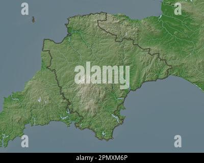 Devon, comté administratif d'Angleterre - Grande-Bretagne. Carte d'altitude colorée en style wiki avec lacs et rivières Banque D'Images