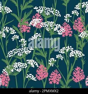 Dessin sans couture main de persil blanc rose pyramide orchidée prairie fleurs sauvages, fleurs sauvages motif floral. Plante naturelle sur fond bleu foncé indigo bleu marine, herbe d'herbes communes britanniques Banque D'Images