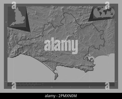 Dorset, comté administratif de l'Angleterre - Grande-Bretagne. Carte d'altitude à deux niveaux avec lacs et rivières. Cartes d'emplacement auxiliaire d'angle Banque D'Images