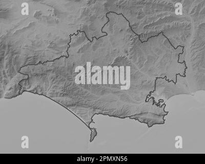 Dorset, comté administratif de l'Angleterre - Grande-Bretagne. Carte d'altitude en niveaux de gris avec lacs et rivières Banque D'Images