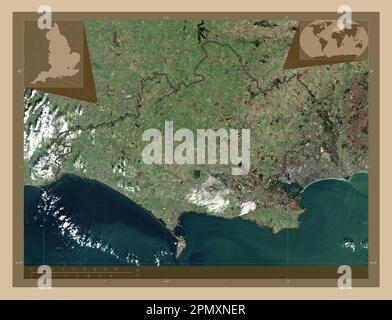 Dorset, comté administratif de l'Angleterre - Grande-Bretagne. Carte satellite basse résolution. Cartes d'emplacement auxiliaire d'angle Banque D'Images