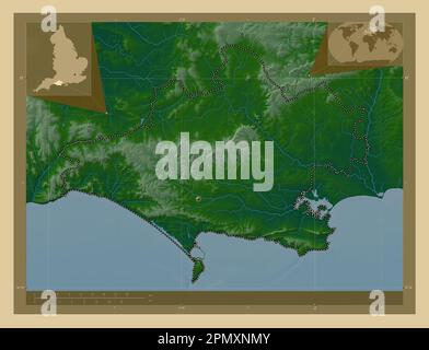 Dorset, comté administratif de l'Angleterre - Grande-Bretagne. Carte d'altitude en couleur avec lacs et rivières. Cartes d'emplacement auxiliaire d'angle Banque D'Images