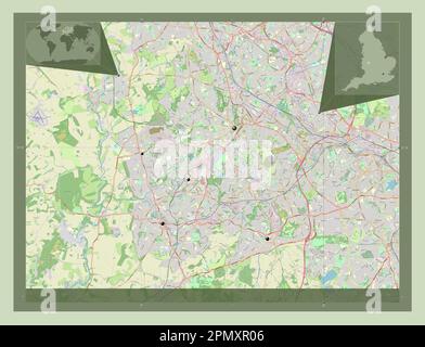 Dudley, comté administratif d'Angleterre - Grande-Bretagne. Ouvrez la carte des rues. Lieux des principales villes de la région. Cartes d'emplacement auxiliaire d'angle Banque D'Images