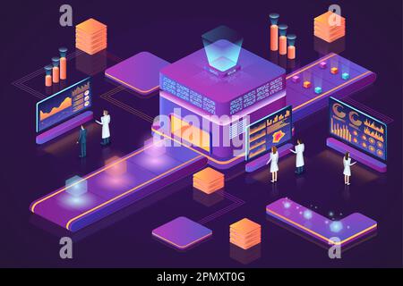 Technologie de données. Isométrique 3D personnes. Infographie sur l'entreprise numérique. Processus de travail. Analyse de l'espace de travail. Convoyeur innovant. Les employés qui recherchent des solutions. Icônes de graphique statistique. Fond violet vectoriel Illustration de Vecteur