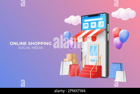 Achats en ligne. 3D magasin. Application mobile. Vente dans la boutique des médias sociaux. Service de téléphonie numérique. Acheter sur une application pour smartphone ou sur un site Web. Livraison de la boîte de commande. Achetez des sacs. Porche boutique. Arrière-plan vectoriel Illustration de Vecteur