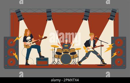 Concert de rock. Groupe de métal jouant de la musique live sur scène éclairé par des spots. Fête musicale des jeunes. Dessin animé de style plat des personnes chantant avec un microphone. Groupe vectoriel de musiciens modernes concept Illustration de Vecteur