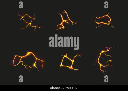 Tremblement de terre crack avec feu et lave. Texture rocheuse avec effet de sol volcanique. 3D Enfer Glow. Fissures orange isolées. Magma lumière et de brûler. Terre divisée. Ensemble d'éléments de destruction. Arrière-plan vectoriel Illustration de Vecteur