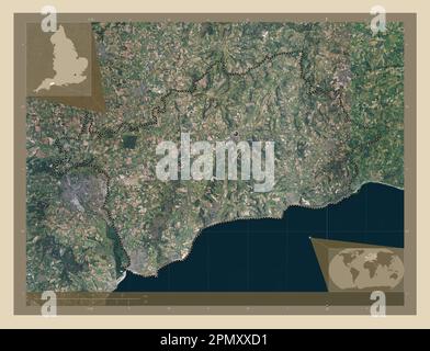 East Devon, district non métropolitain d'Angleterre - Grande-Bretagne. Carte satellite haute résolution. Cartes d'emplacement auxiliaire d'angle Banque D'Images