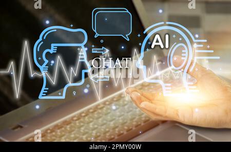 Touchez manuellement le dialogue virtuel numérique pour accéder aux données et aux informations du réseau en ligne. Applications robotiques et connectivité mondiale ai Artificial Intelligence inn Banque D'Images