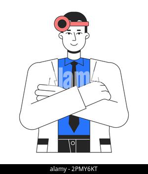 Médecin de sexe masculin avec miroir de tête ligne plate couleur vecteur caractère Illustration de Vecteur