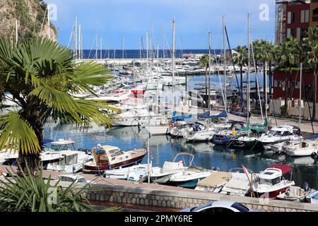 Monte-Carlo, Monaco - 19 mai 2016 : une vue pittoresque de nombreux petits bateaux amarrés dans le port ensoleillé de Fontvieille, Monaco, avec de beaux palmiers Banque D'Images