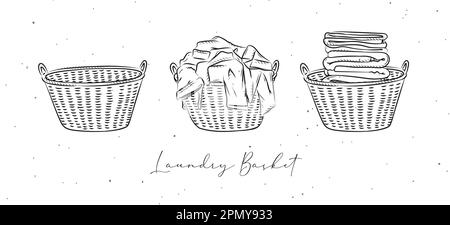 Les paniers à linge sont vides, les vêtements sales et propres dessinant avec un motif sur fond blanc Illustration de Vecteur