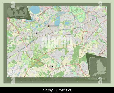 Elmbridge, quartier non métropolitain d'Angleterre - Grande-Bretagne. Ouvrez la carte des rues. Lieux et noms des principales villes de la région. Coin auxiliaire Banque D'Images