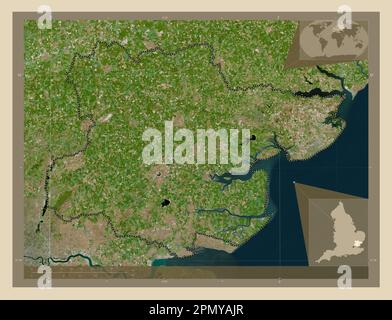 Essex, comté administratif d'Angleterre - Grande-Bretagne. Carte satellite haute résolution. Cartes d'emplacement auxiliaire d'angle Banque D'Images