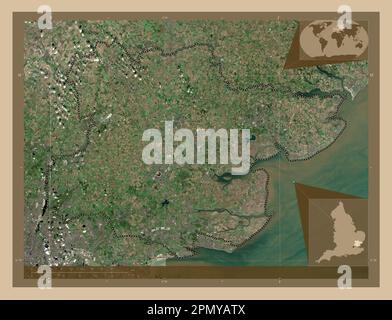 Essex, comté administratif d'Angleterre - Grande-Bretagne. Carte satellite basse résolution. Cartes d'emplacement auxiliaire d'angle Banque D'Images